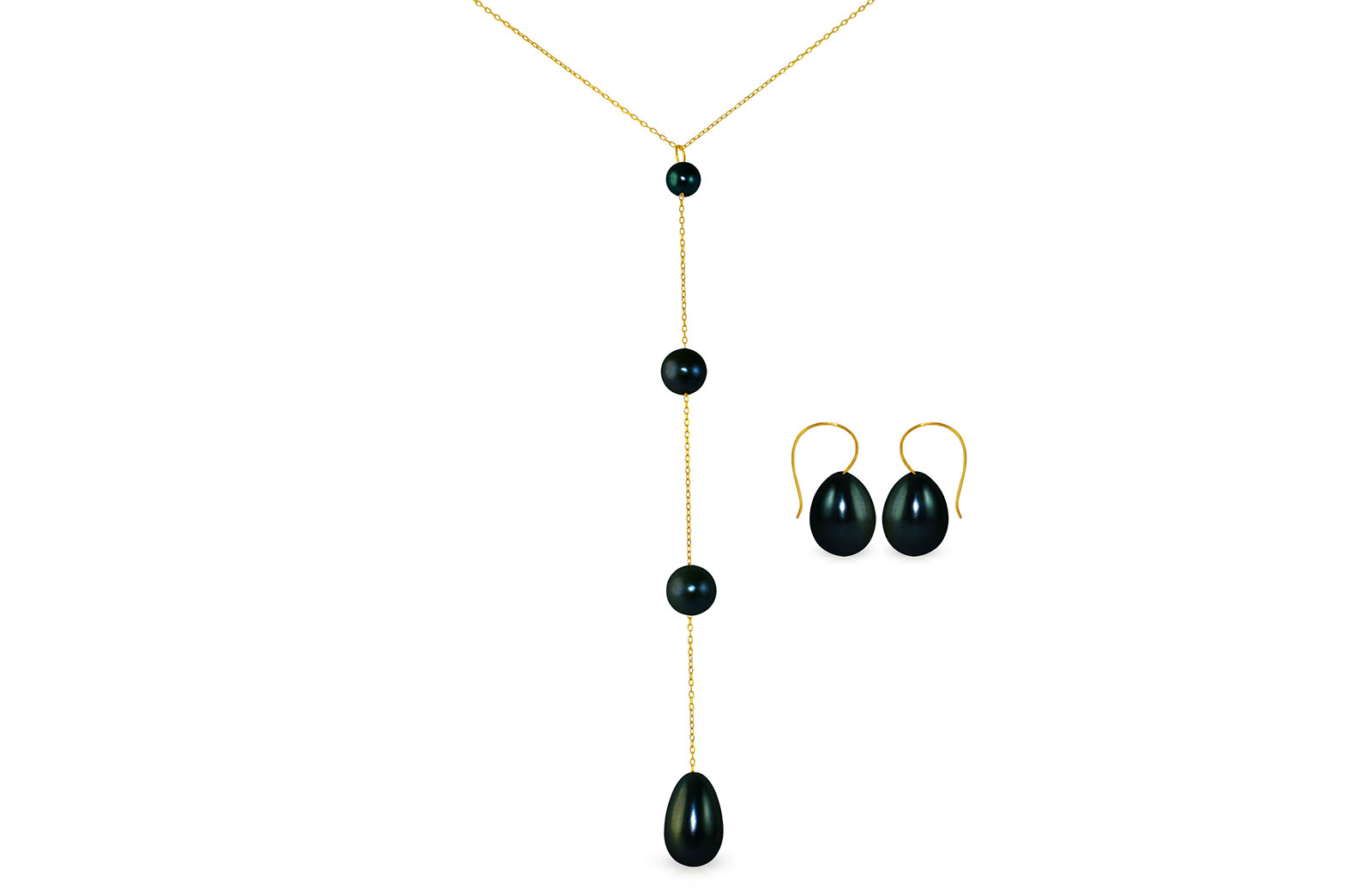 Vera Perla 10K Gold Gradual Built-in with Black Drop Pearl Jewelry Set, 2 Pcs